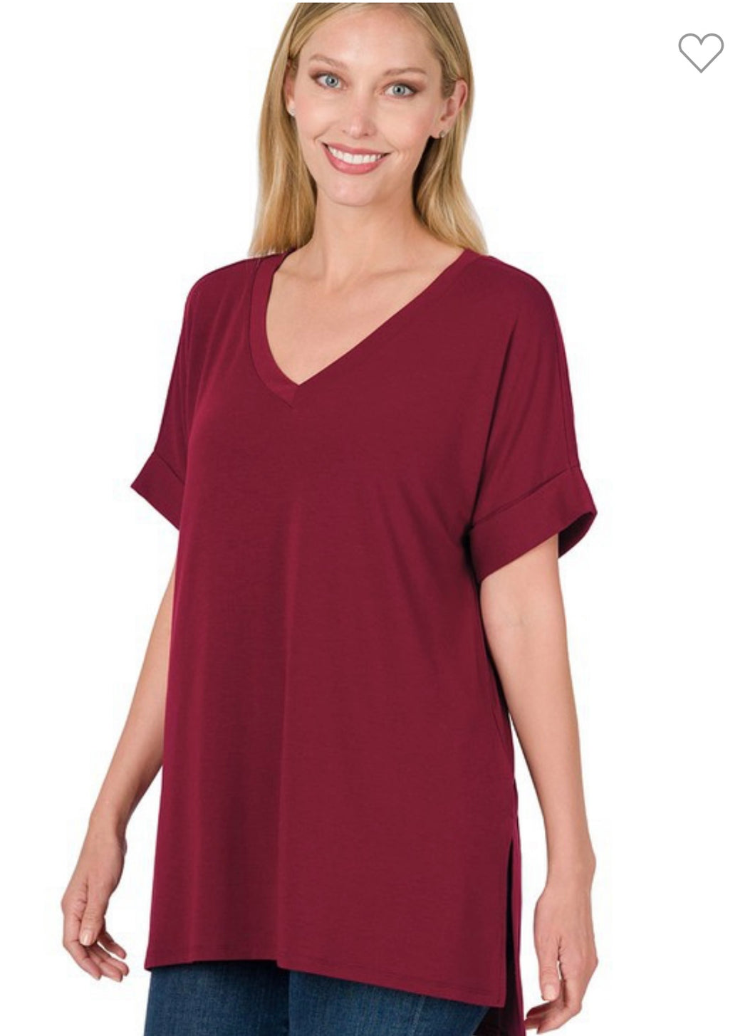 ROLLED SHORT SLEEVE V-NECK HI-LOW HEM TOP