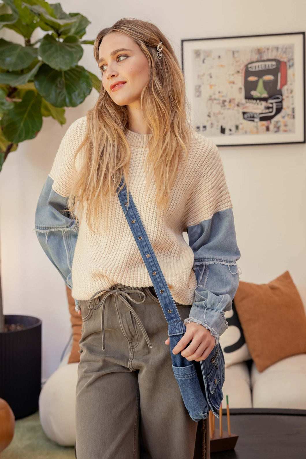 Denim Sleeve Crewneck Knit Sweater