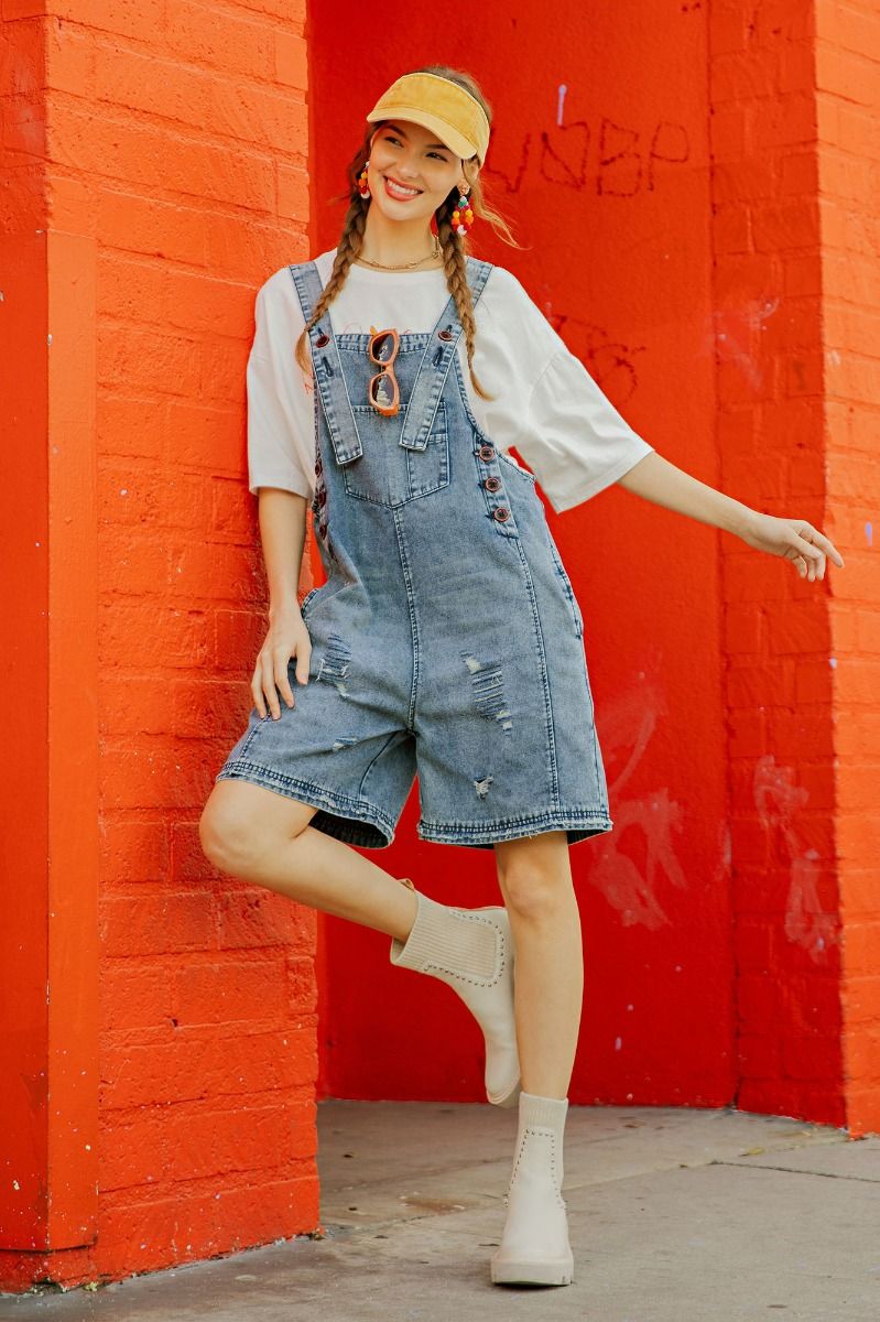 Washed Denim Short Overalls