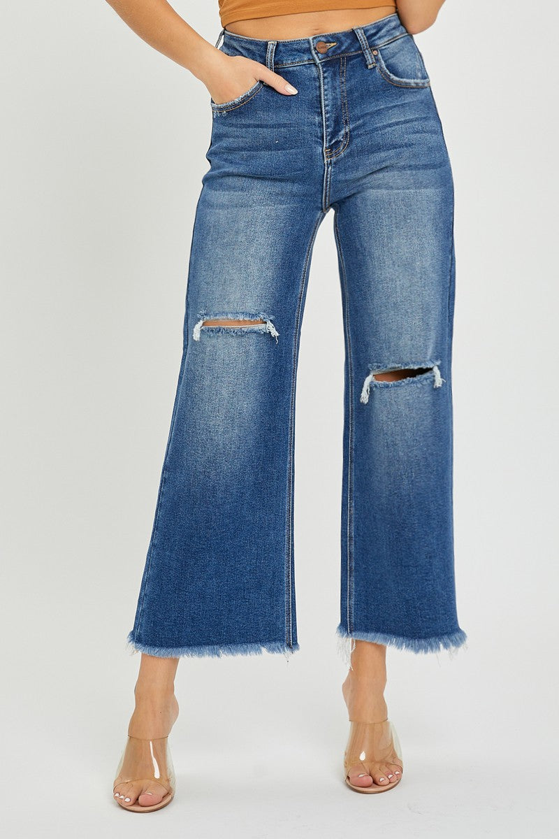 Risen High Rise Frayed Ankle Wide Jean
