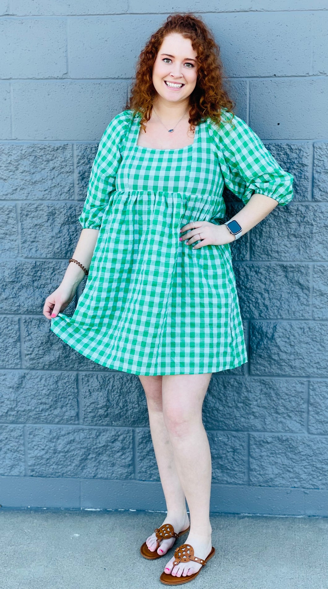 Gingham Print Babydoll Dress with Tie Back