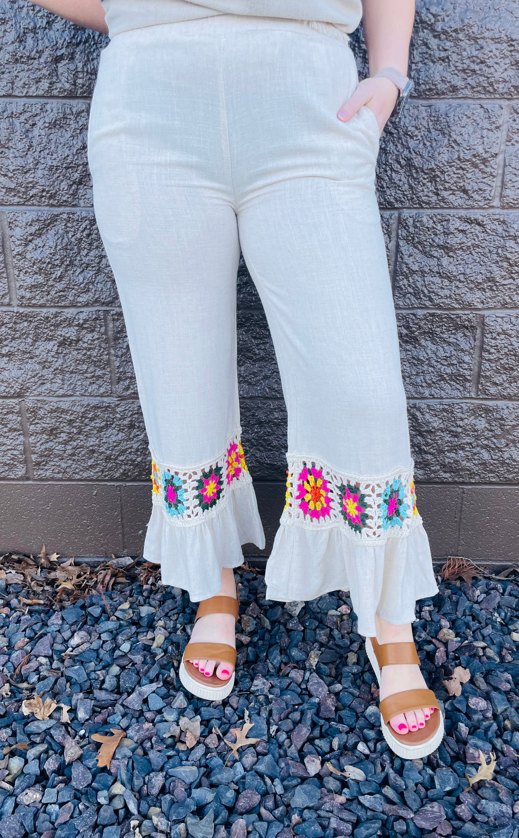 Linen Blend Pants with Crochet Details